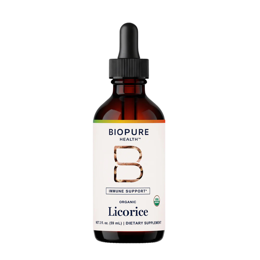 Biopure Health Licorice dietary supplement bottle with dropper on a white background