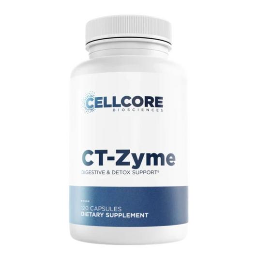 Supplement bottle labeled 'CT-Zyme' by Cellcore Biosciences on a white background