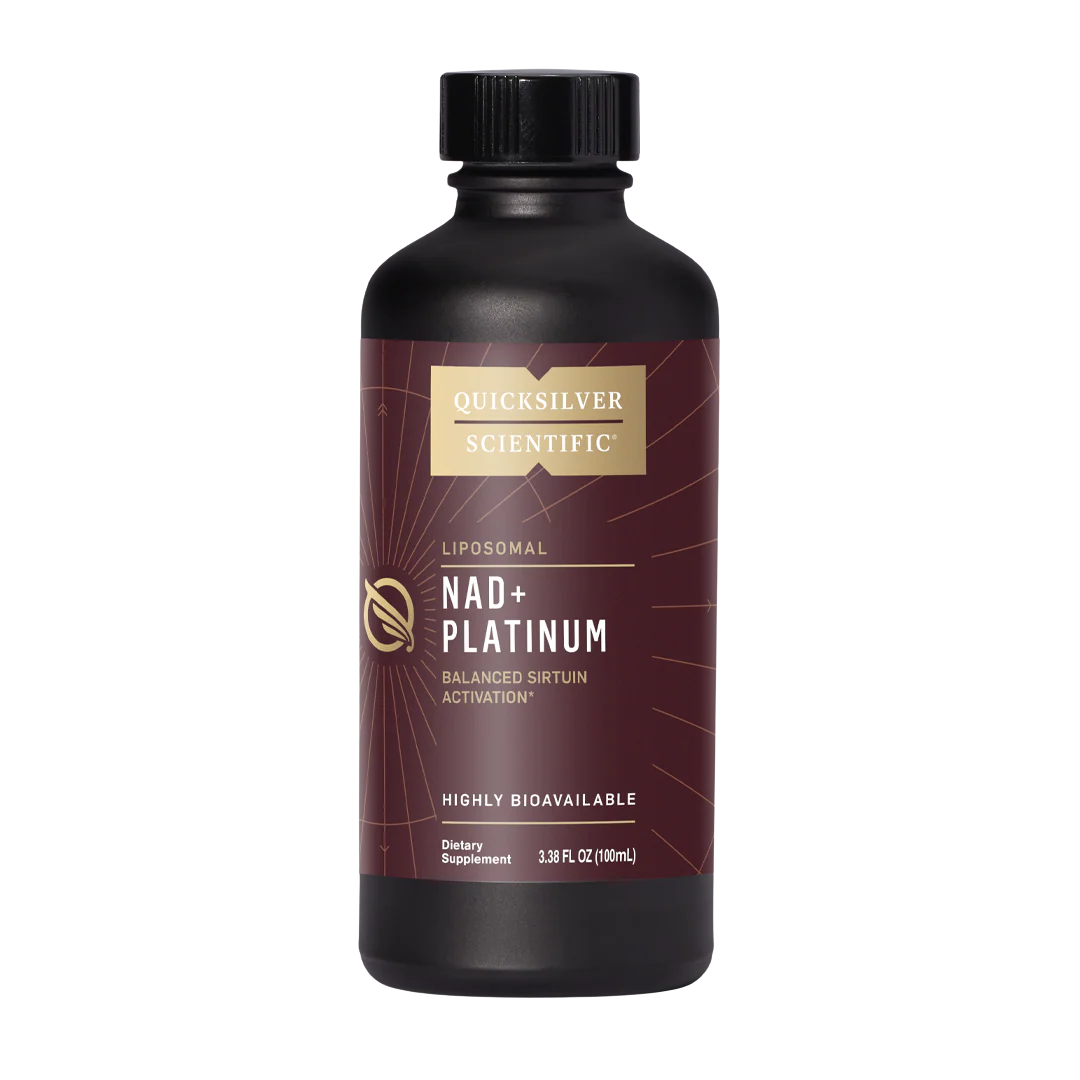 Black bottle of Quicksilver Scientific Nad+ Platinum supplement on a white background