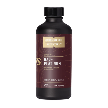 Black bottle of Quicksilver Scientific Nad+ Platinum supplement on a white background