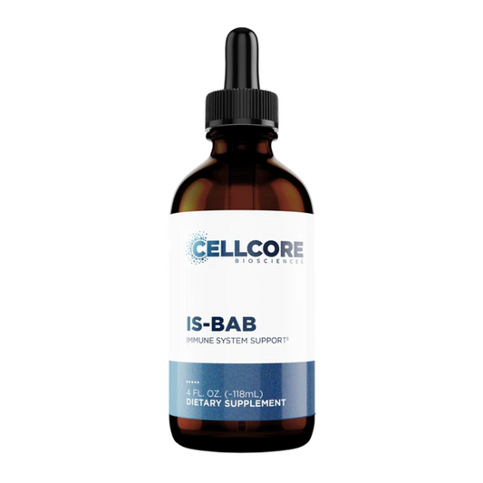Brown glass bottle with dropper labeled 'CellCore Biosciences IS-BAB' on a white background