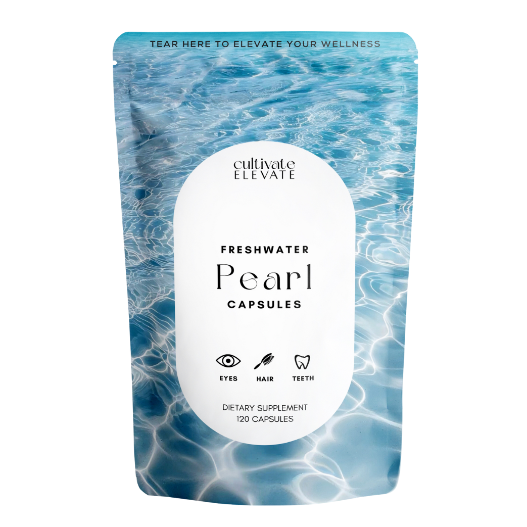 Packaging of Freshwater Pearl Capsules with water design on a white background