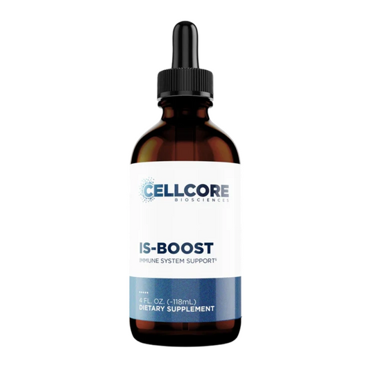 Bottle of Cellcore IS-Boost dietary supplement on a white background