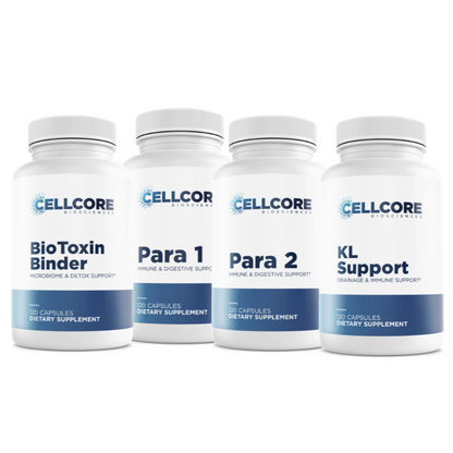 Four white bottles labeled with 'CellCore Biosciences' and different product names such as 'BioToxin Binder', 'Para 1', 'Para 2 KL Support'. 