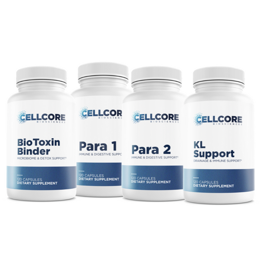 Four white bottles labeled with 'CellCore Biosciences' and different product names such as 'BioToxin Binder', 'Para 1', 'Para 2 KL Support'. 