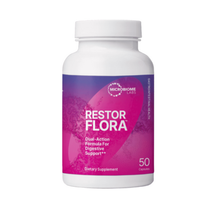 A bottle of RestorFlora probiotic supplement with a pink label indicating 'Dual Action for Support' and a dosage indication of '50'. The bottle is white with a blue and purple design.