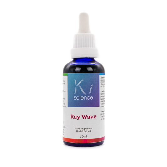 Bottle of Ray Wave supplement with a dropper on a white background