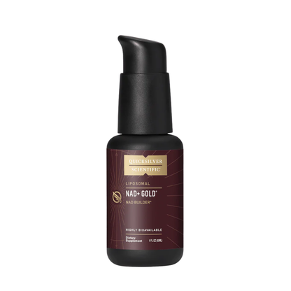 Quicksilver Scientific NAD+ Gold bottle with maroon label on a white background