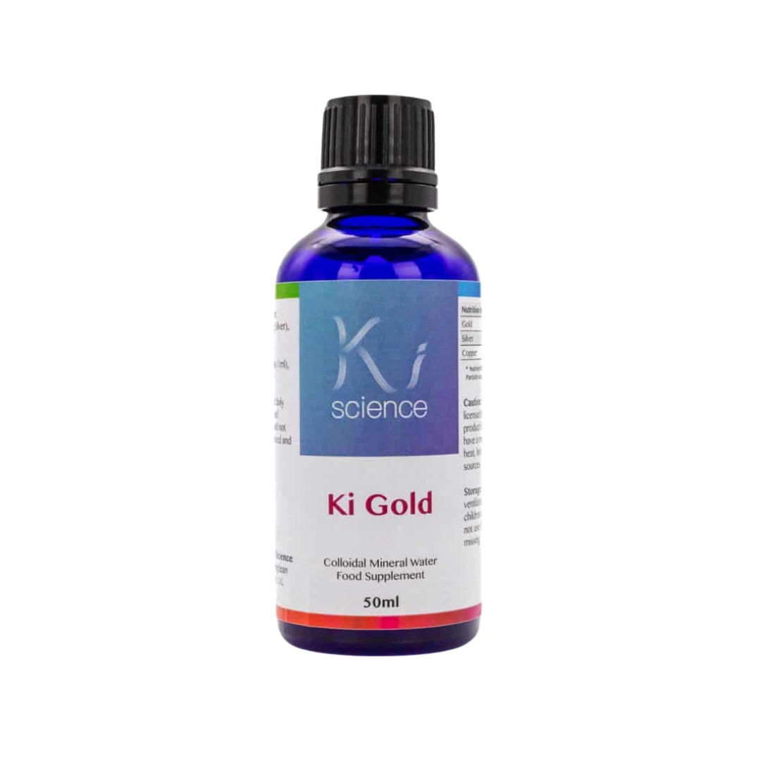 Bottle of Ki Gold supplement from Ki Science on a white background