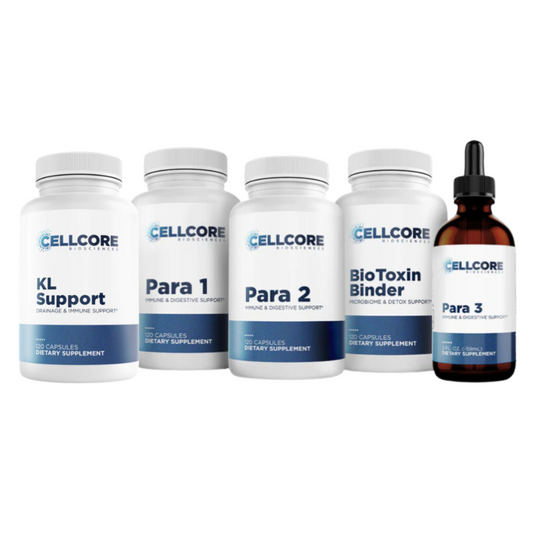 Five bottles labeled with different product names: KL Support,  Para 1, Para 2, BioToxin Binder, Para 3  with a blue and white color scheme.