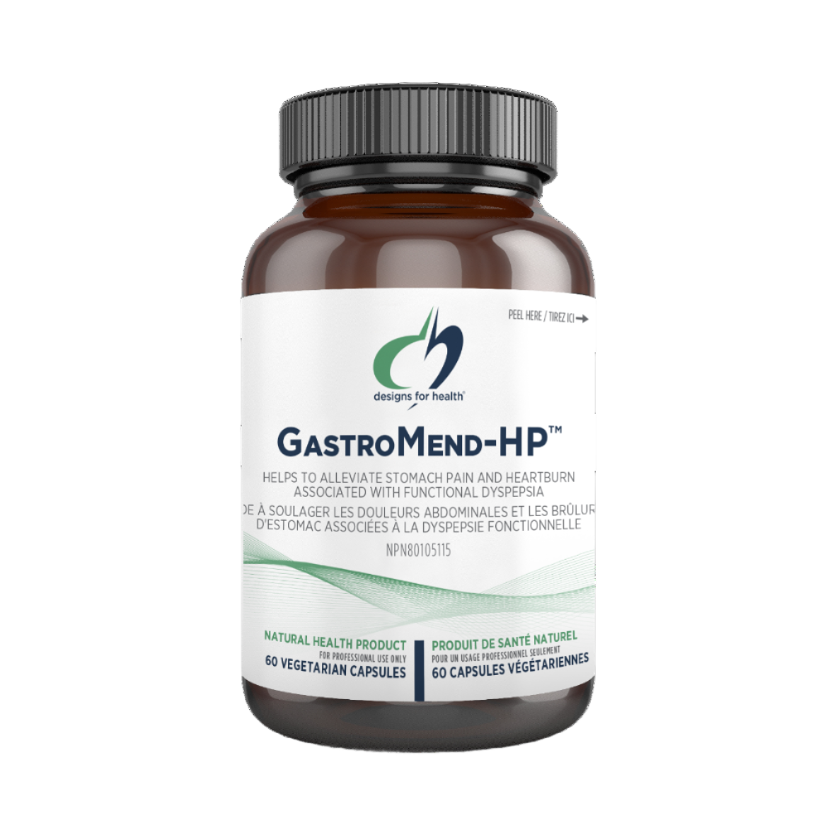 Bottle of GastroMend-HP, a dietary supplement product, with a label indicating it is for gastrointestinal health.