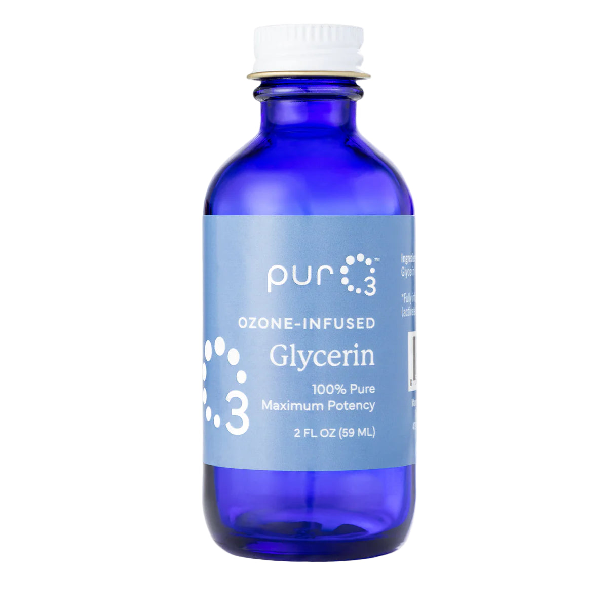 Blue bottle of ozone-infused glycerin with a white cap on a white background