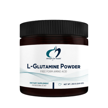 A black tub labelled 'L-Glutamine Powder' by Designs for Health on a white background. 