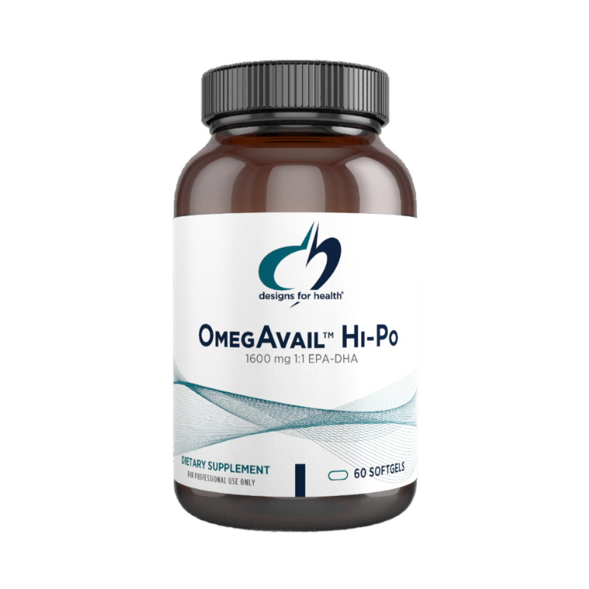 A bottle of OmegAvail Hi-Po fish oil supplement by Designs for Health, with labeling that includes the brand name and product description.