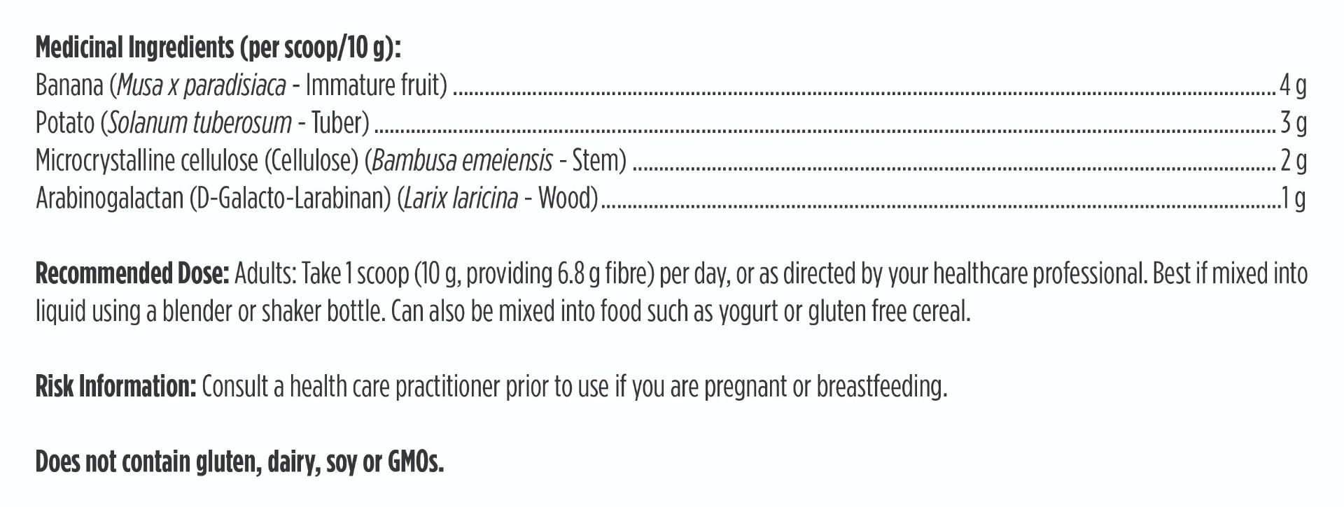 List of medicinal ingredients and recommended dose for a product on a white background