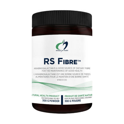 Jar of RS Fibre dietary supplement with a white label on a white background