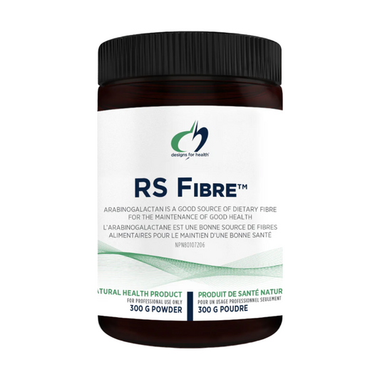 Jar of RS Fibre dietary supplement with a white label on a white background