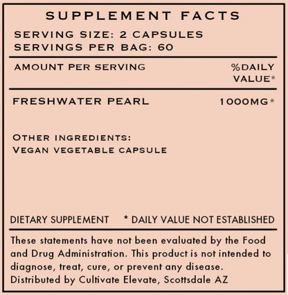 Supplement facts label for freshwater pearl capsules with serving size and other ingredients.