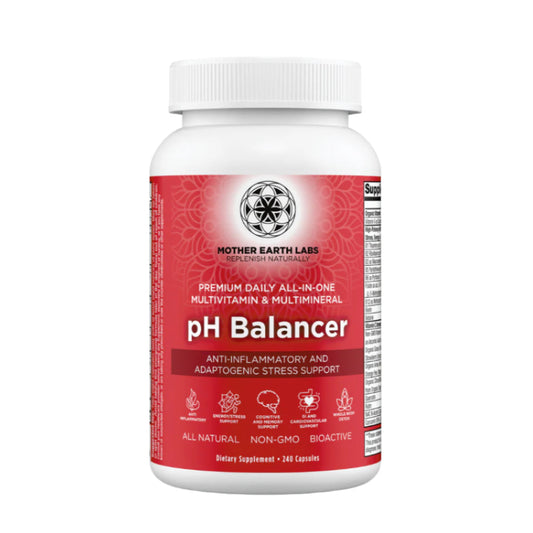 Supplement bottle labeled 'pH Balancer' by Mother Earth Labs on a white background