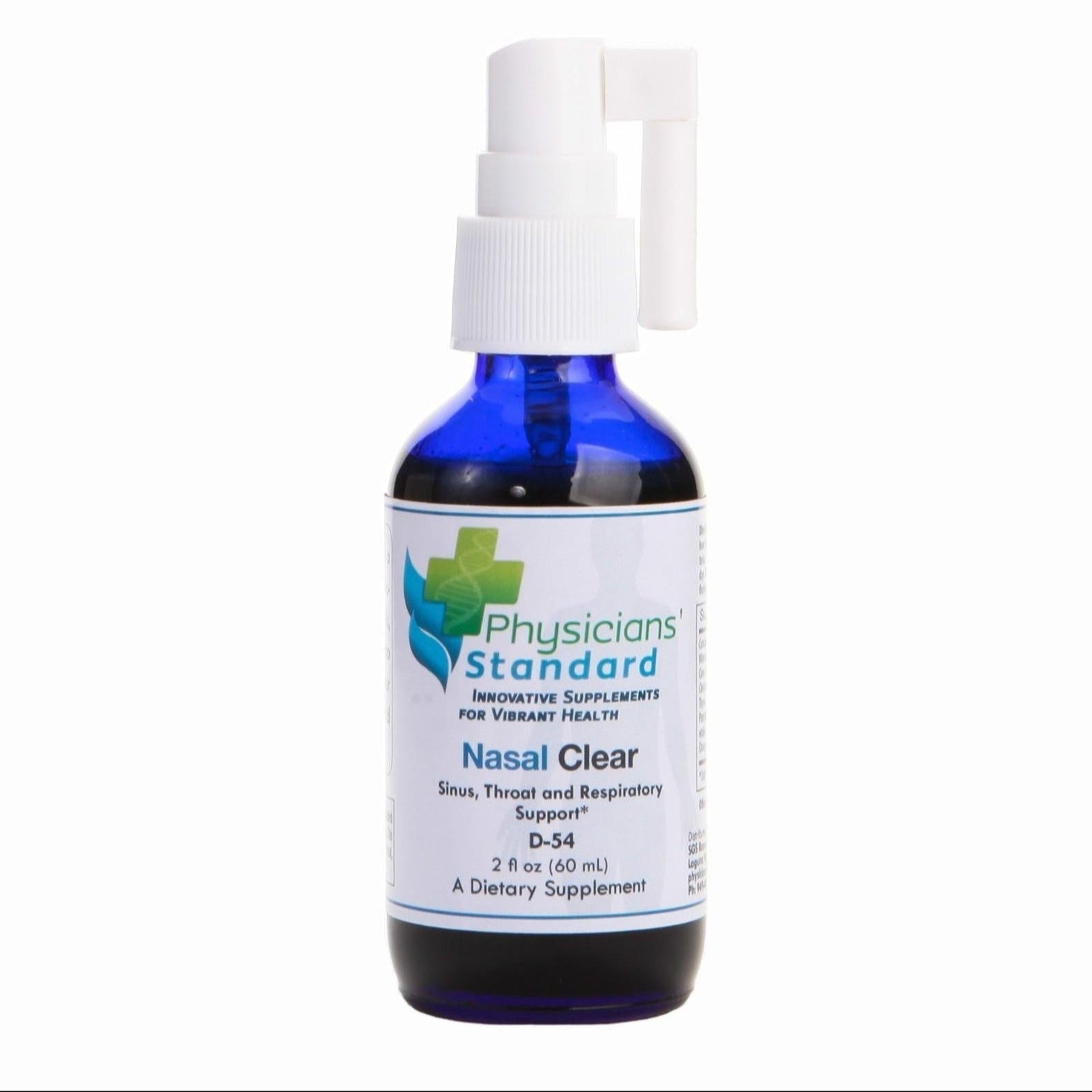A bottle of Physicians' Standard Nasal Clear, which is a dietary supplement intended for sinus, throat, and respiratory support.