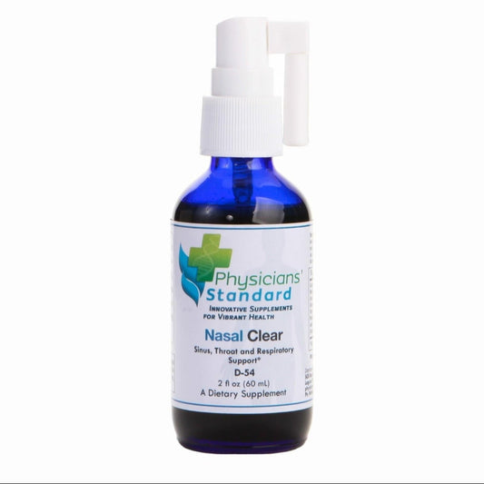 A bottle of Physicians' Standard Nasal Clear, which is a dietary supplement intended for sinus, throat, and respiratory support.