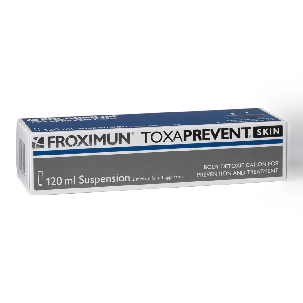 Box packaging of Froximun Toxaprevent Skin, indicating a 120 ml suspension for natural detoxification of the skin.