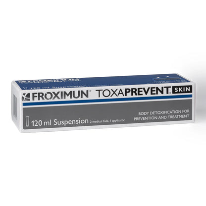 Box packaging of Froximun Toxaprevent Skin, indicating a 120 ml suspension for natural detoxification of the skin.