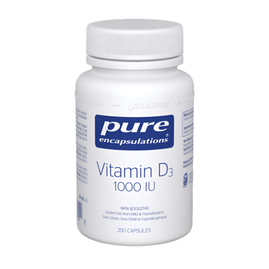 A bottle of Pure Encapsulations Vitamin D3 1000 IU supplement with 20 capsules, labeled for immune health and bone support.