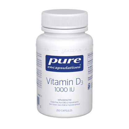 A bottle of Pure Encapsulations Vitamin D3 1000 IU supplement with 20 capsules, labeled for immune health and bone support.
